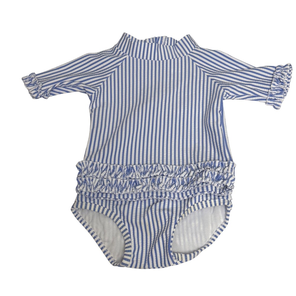 RuffleButts Baby Girl Blue White Seersucker Striped Rash Guard Swimsuit 6-12m